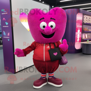 Magenta Heart mascot costume character dressed with a Cardigan and Wallets