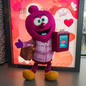 Magenta Heart mascot costume character dressed with a Cardigan and Wallets