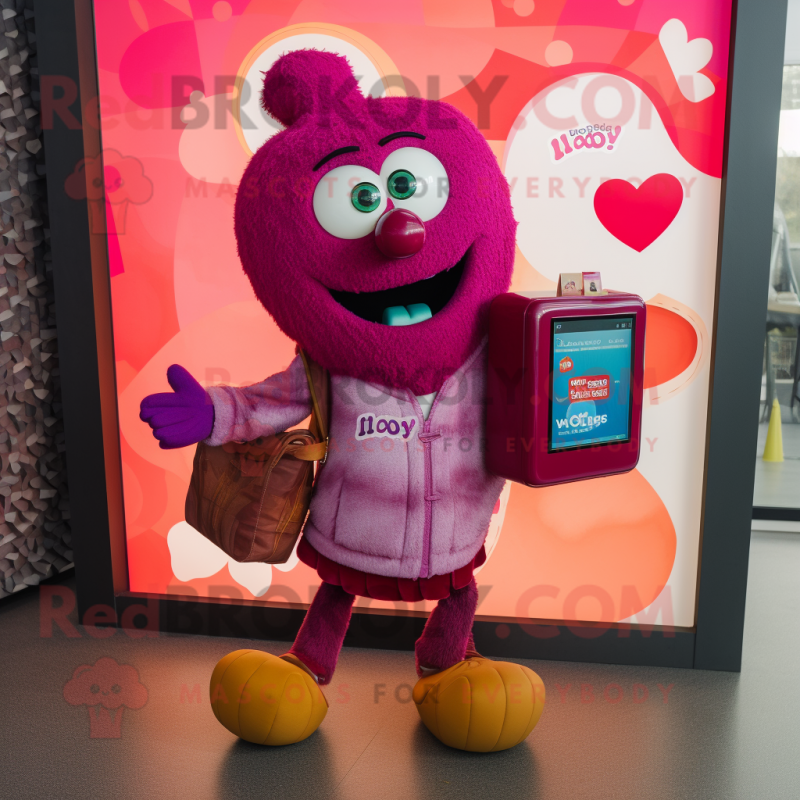 Magenta Heart mascot costume character dressed with a Cardigan and Wallets