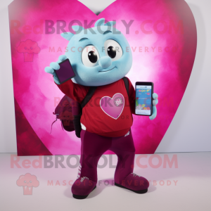 Magenta Heart mascot costume character dressed with a Cardigan and Wallets