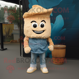 Cream Fried Rice mascot costume character dressed with a Denim Shirt and Foot pads