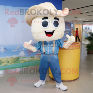 Cream Fried Rice mascot costume character dressed with a Denim Shirt and Foot pads