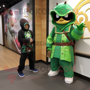 Green Samurai mascot costume character dressed with a Windbreaker and Watches