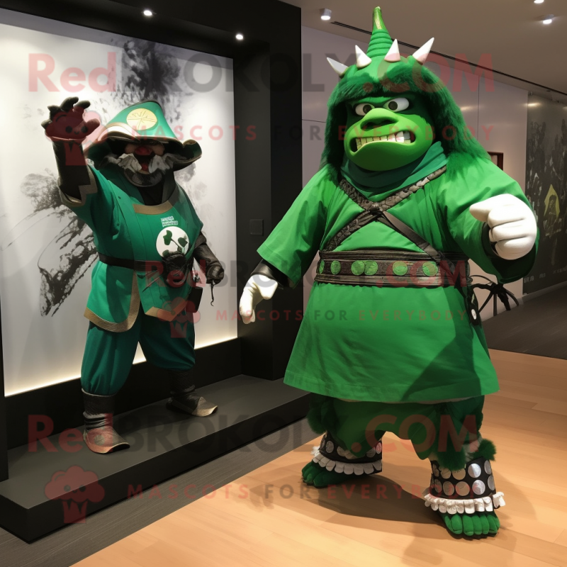 Green Samurai mascot costume character dressed with a Windbreaker and Watches