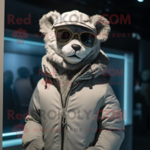 Gray Puma mascot costume character dressed with a Parka and Eyeglasses