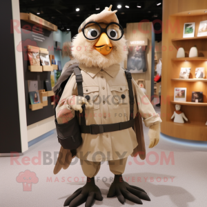 Beige Blackbird mascot costume character dressed with a Blouse and Backpacks
