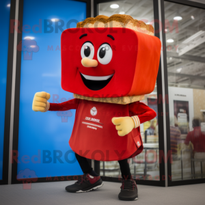 Red Grilled Cheese Sandwich mascot costume character dressed with a Shorts and Bracelet watches