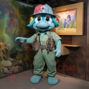 Teal Rainbow mascot costume character dressed with a Cargo Pants and Brooches