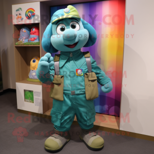 Teal Rainbow mascot costume character dressed with a Cargo Pants and Brooches