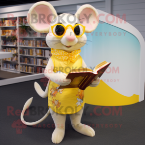 Yellow Rat mascot costume character dressed with a Bikini and Reading glasses