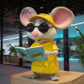 Yellow Rat mascot costume character dressed with a Bikini and Reading glasses