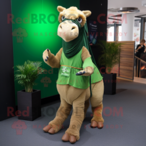 Green Camel mascot costume character dressed with a Jeans and Scarves