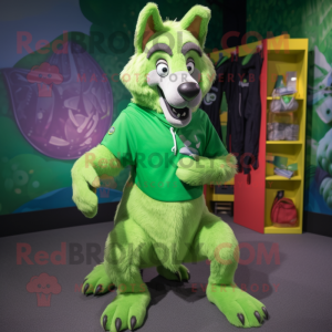 Lime Green Dingo mascot costume character dressed with a Bermuda Shorts and Hair clips