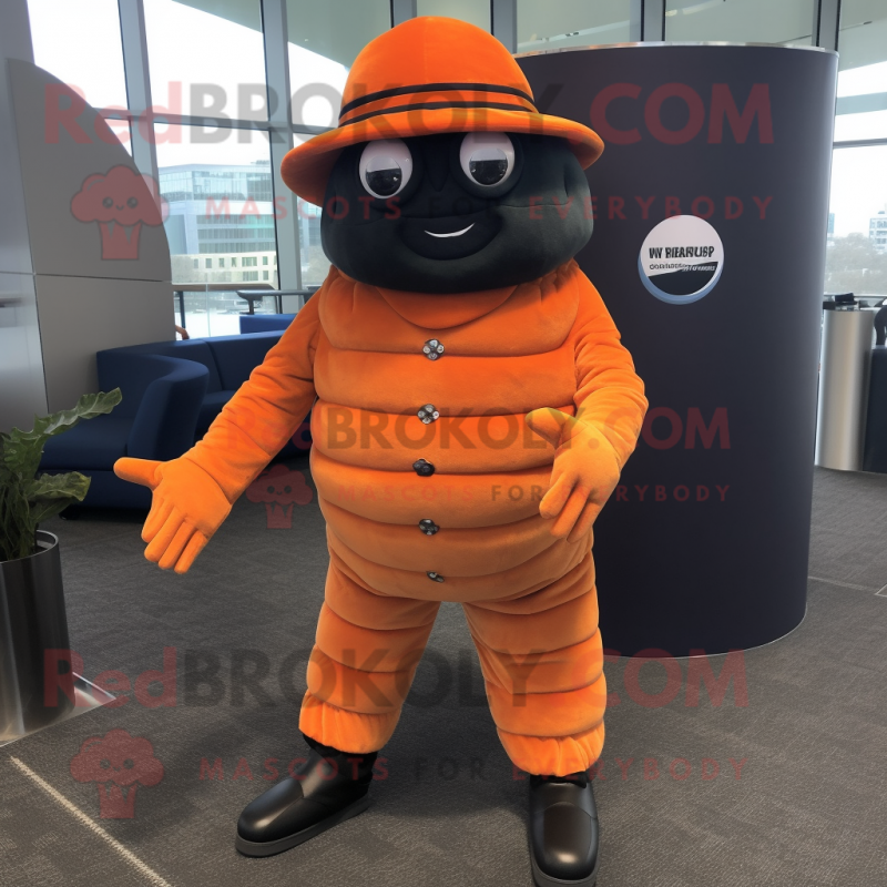 Orange Trilobite mascot costume character dressed with a Dress Pants and Berets