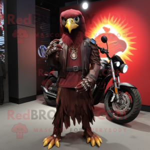 Maroon Crow mascot costume character dressed with a Moto Jacket and Anklets