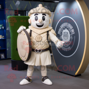 Cream Celtic Shield mascot costume character dressed with a Suit Pants and Backpacks