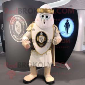 Cream Celtic Shield mascot costume character dressed with a Suit Pants and Backpacks