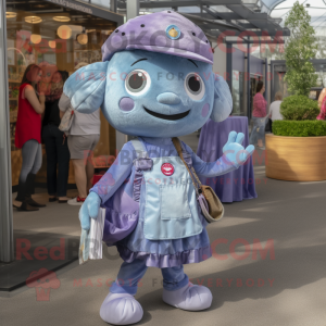Lavender Gyro mascot costume character dressed with a Denim Shirt and Coin purses
