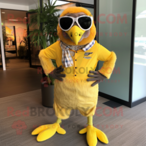 Lemon Yellow Hawk mascot costume character dressed with a Bermuda Shorts and Suspenders