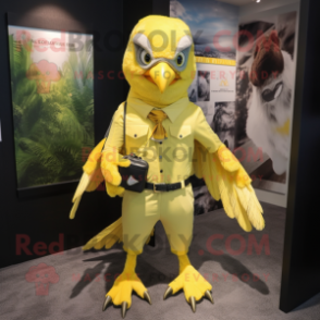 Lemon Yellow Hawk mascot costume character dressed with a Bermuda Shorts and Suspenders