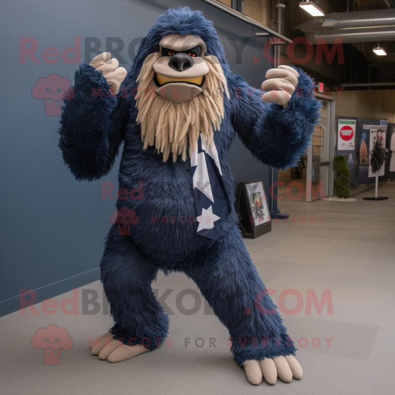 Navy Sasquatch mascot costume character dressed with a Joggers and Scarves