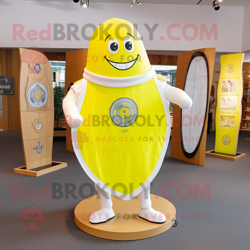 Lemon Yellow Celtic Shield mascot costume character dressed with a Suit and Shawl pins