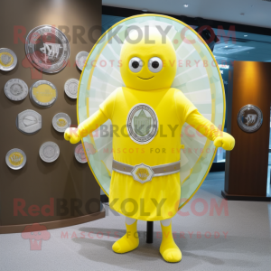 Lemon Yellow Celtic Shield mascot costume character dressed with a Suit and Shawl pins