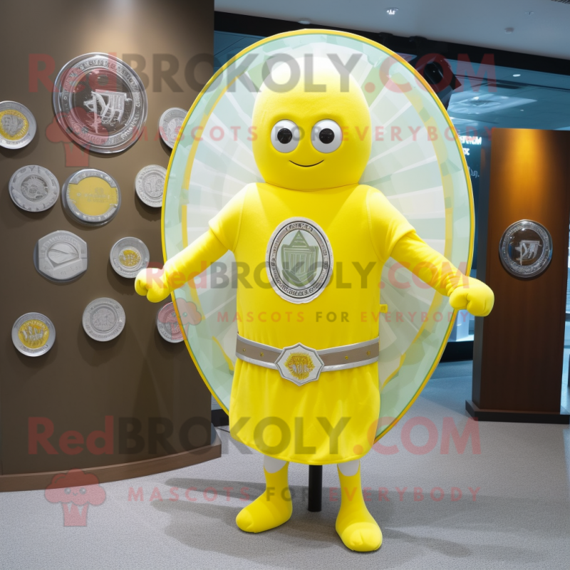 Lemon Yellow Celtic Shield mascot costume character dressed with a Suit and Shawl pins