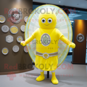 Lemon Yellow Celtic Shield mascot costume character dressed with a Suit and Shawl pins