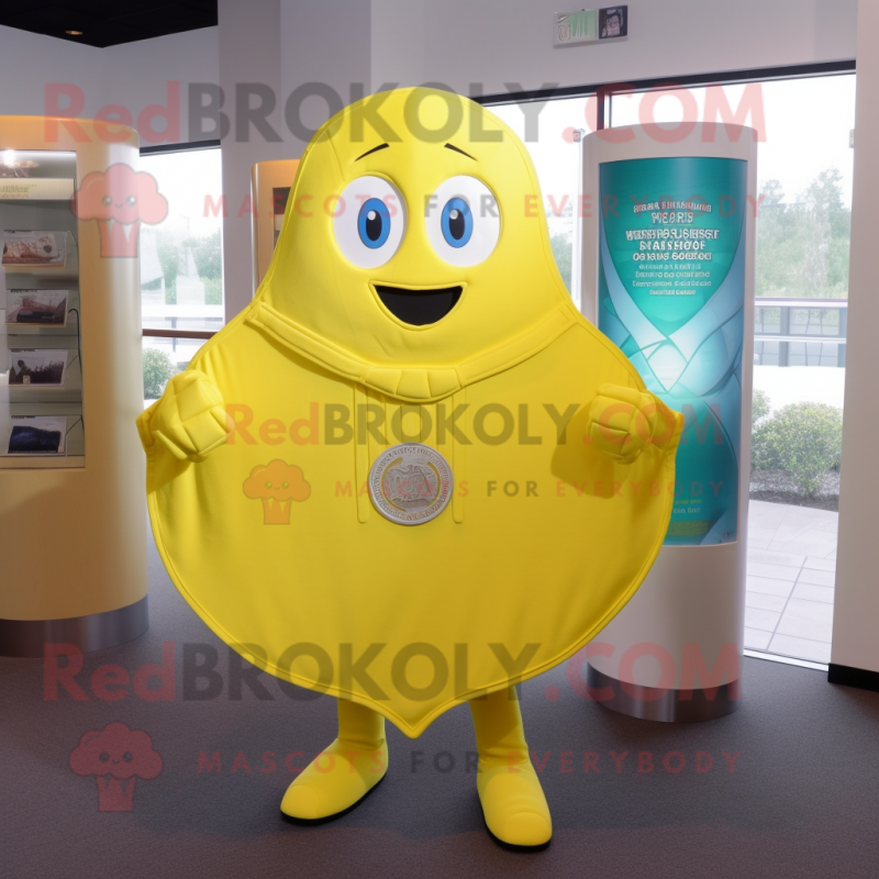 Lemon Yellow Celtic Shield mascot costume character dressed with a Suit and Shawl pins