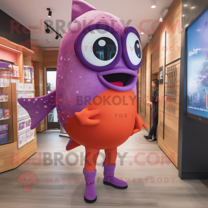 Purple Salmon mascot costume character dressed with a Leggings and Eyeglasses