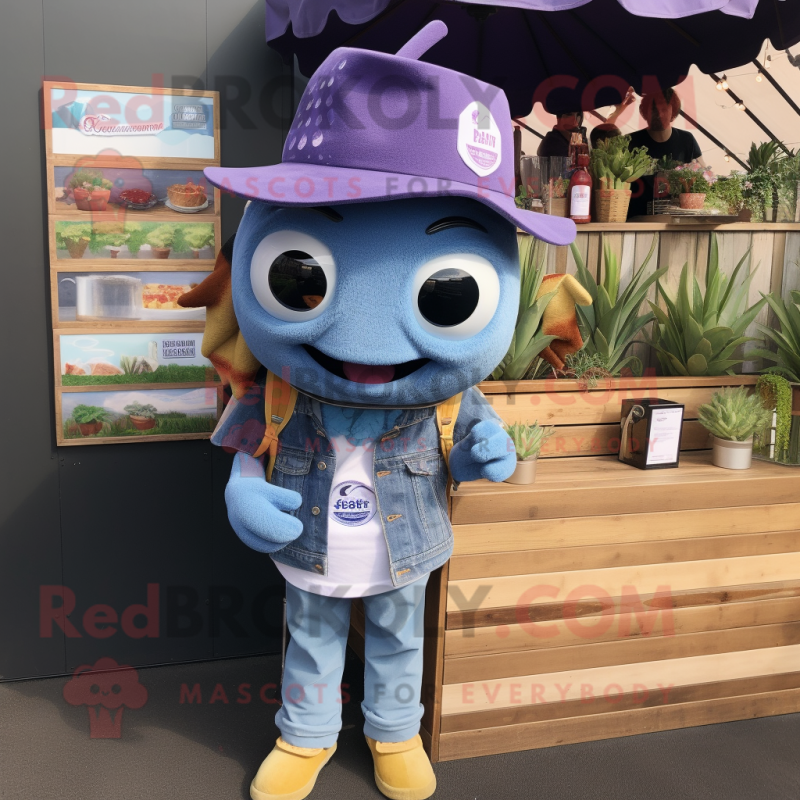 Lavender Fish Tacos mascot costume character dressed with a Denim Shorts and Berets
