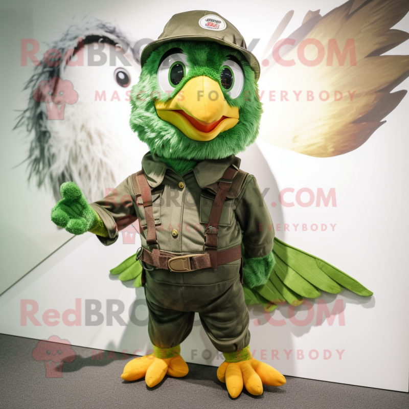 Green Archeopteryx mascot costume character dressed with a Overalls and Belts