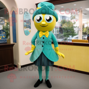 Teal Lemon mascot costume character dressed with a Pencil Skirt and Bow ties