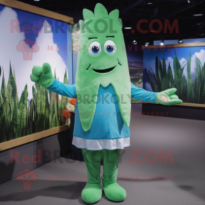 Cyan Asparagus mascot costume character dressed with a Button-Up Shirt and Mittens