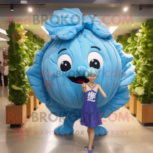 Sky Blue Cabbage mascot costume character dressed with a One-Piece Swimsuit and Wraps