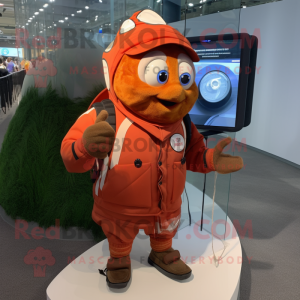 Brown Clown Fish mascot costume character dressed with a Windbreaker and Coin purses