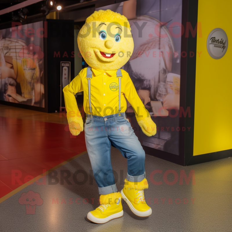 Lemon Yellow Irish Dancing Shoes mascot costume character dressed with a Jeans and Keychains