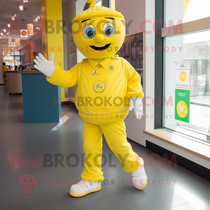 Lemon Yellow Irish Dancing Shoes mascot costume character dressed with a Jeans and Keychains