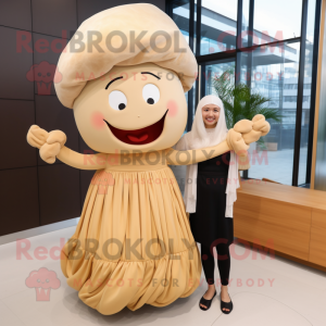 Beige Fried Rice mascot costume character dressed with a Maxi Dress and Berets