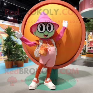 Peach Trapeze Artist mascot costume character dressed with a Bermuda Shorts and Coin purses