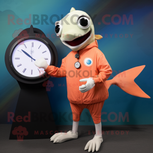 Peach Swordfish mascot costume character dressed with a Long Sleeve Tee and Digital watches