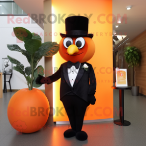 Orange Mango mascot costume character dressed with a Tuxedo and Shoe clips