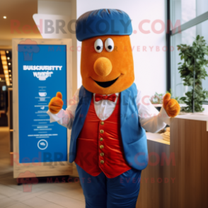 Blue Currywurst mascot costume character dressed with a Waistcoat and Pocket squares
