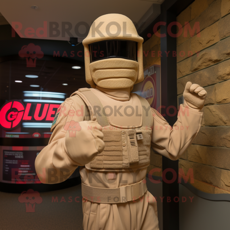 Beige Gi Joe mascot costume character dressed with a Sweater and Hats