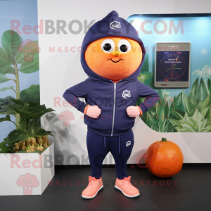 Navy Grapefruit mascot costume character dressed with a Hoodie and Digital watches