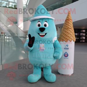 Cyan Ice Cream Cone mascot costume character dressed with a Corduroy Pants and Messenger bags