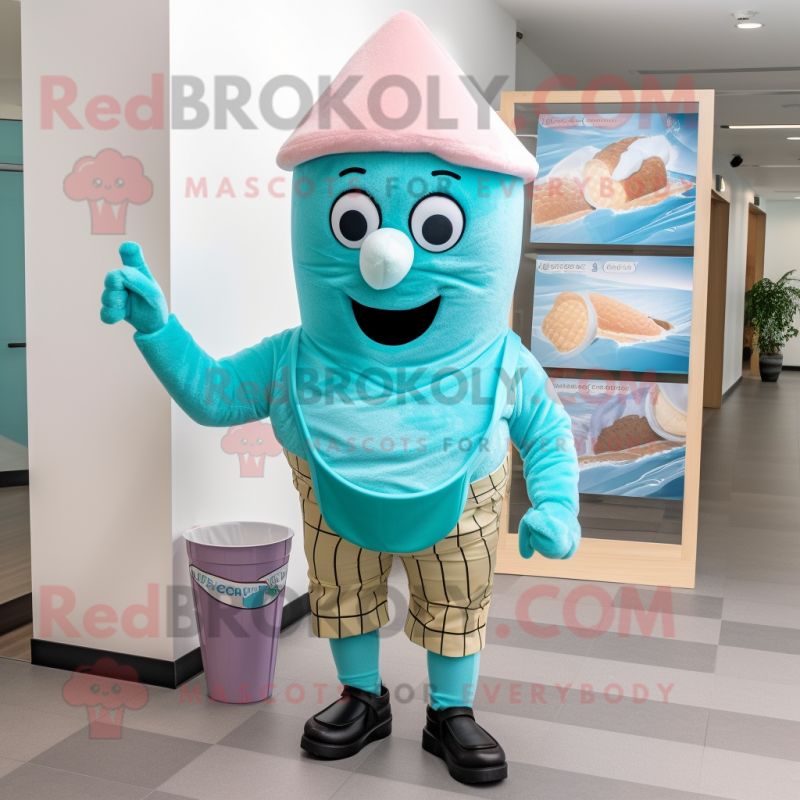 Cyan Ice Cream Cone mascot costume character dressed with a Corduroy Pants and Messenger bags