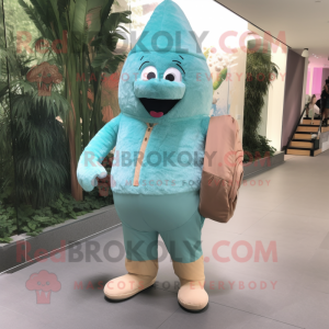 Cyan Ice Cream Cone mascot costume character dressed with a Corduroy Pants and Messenger bags