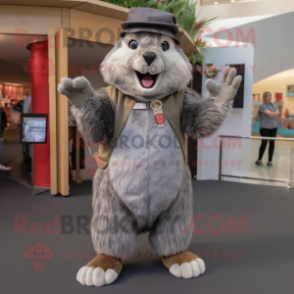 Gray Marmot mascot costume character dressed with a Bermuda Shorts and Shoe clips